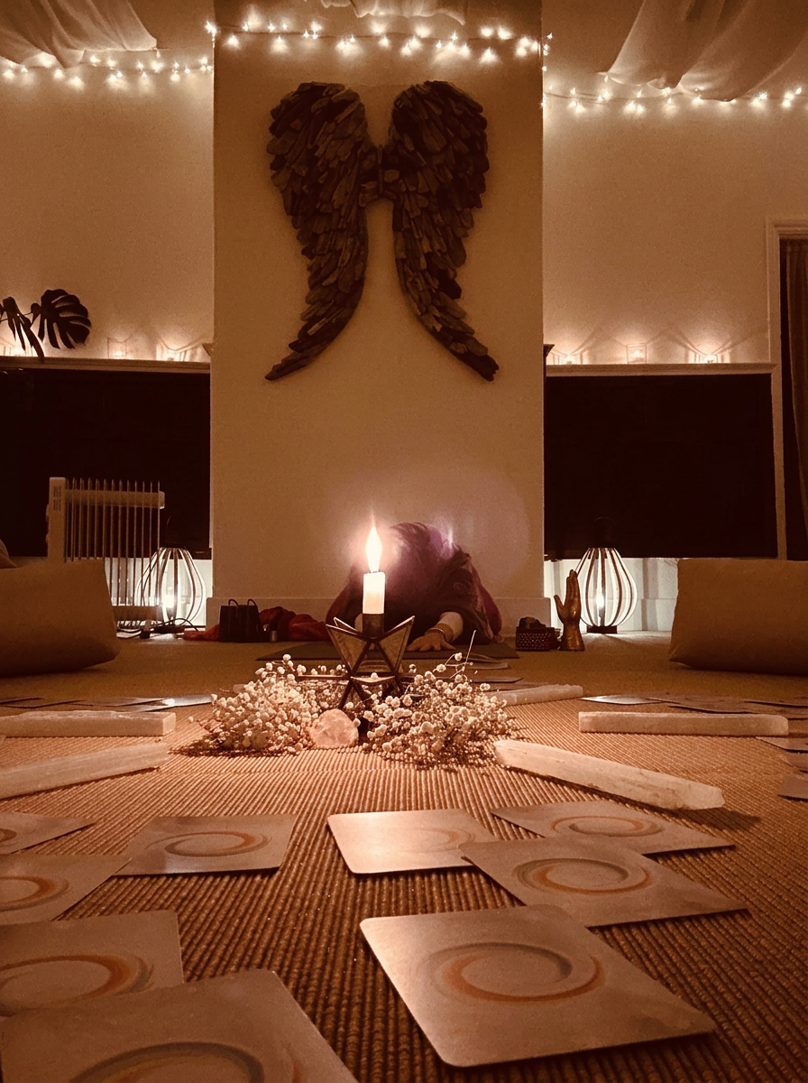 Candlelit sanctuary with driftwood angel wings